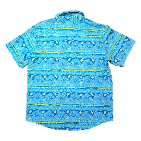 Simply Southern Hawaiian Hibiscus Polo Men's Sz Large Light Blue Lime Stretch - Picture 2 of 8